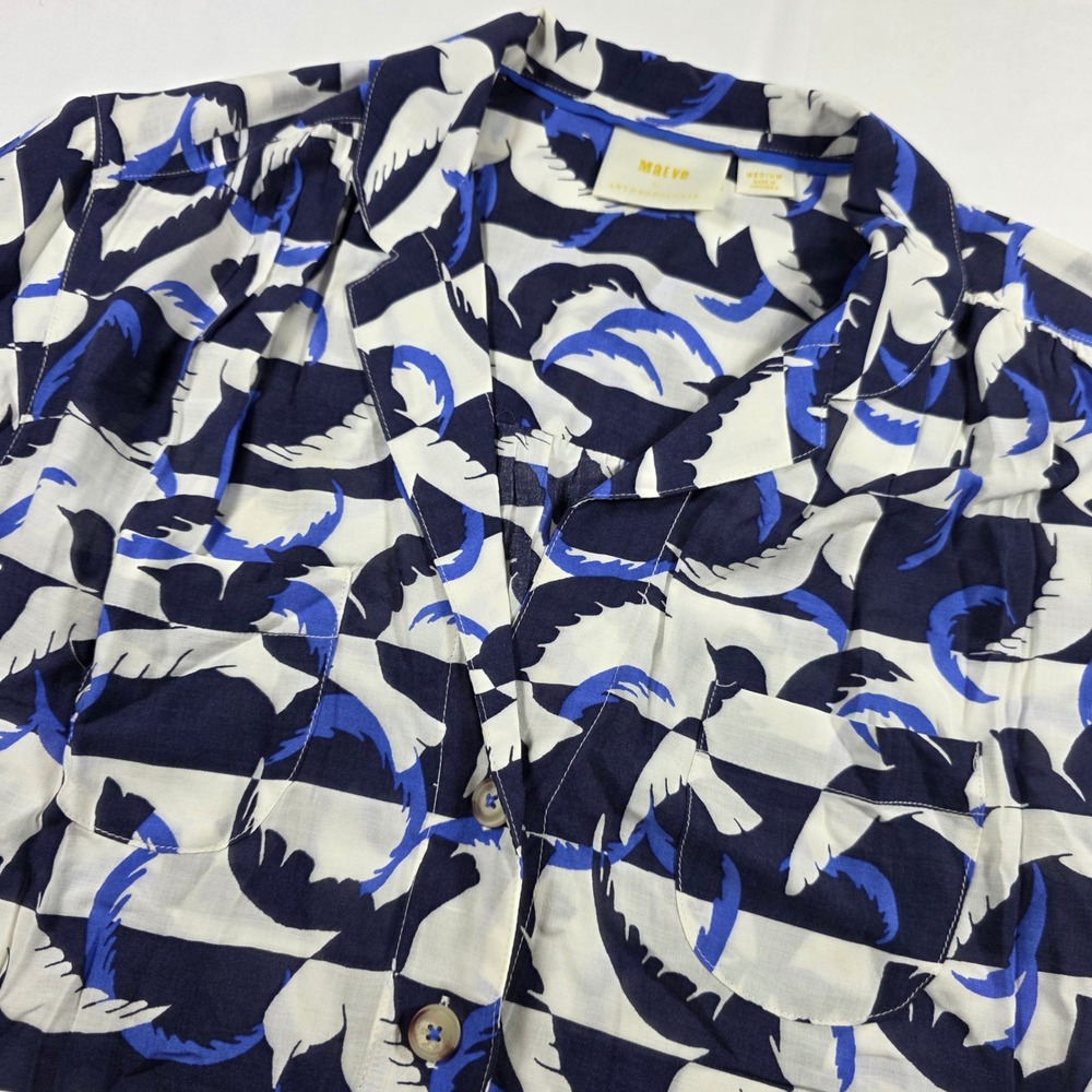 Maeve Anthropologie Blue White Bird Print Sleeveless Button Down Blouse Medium